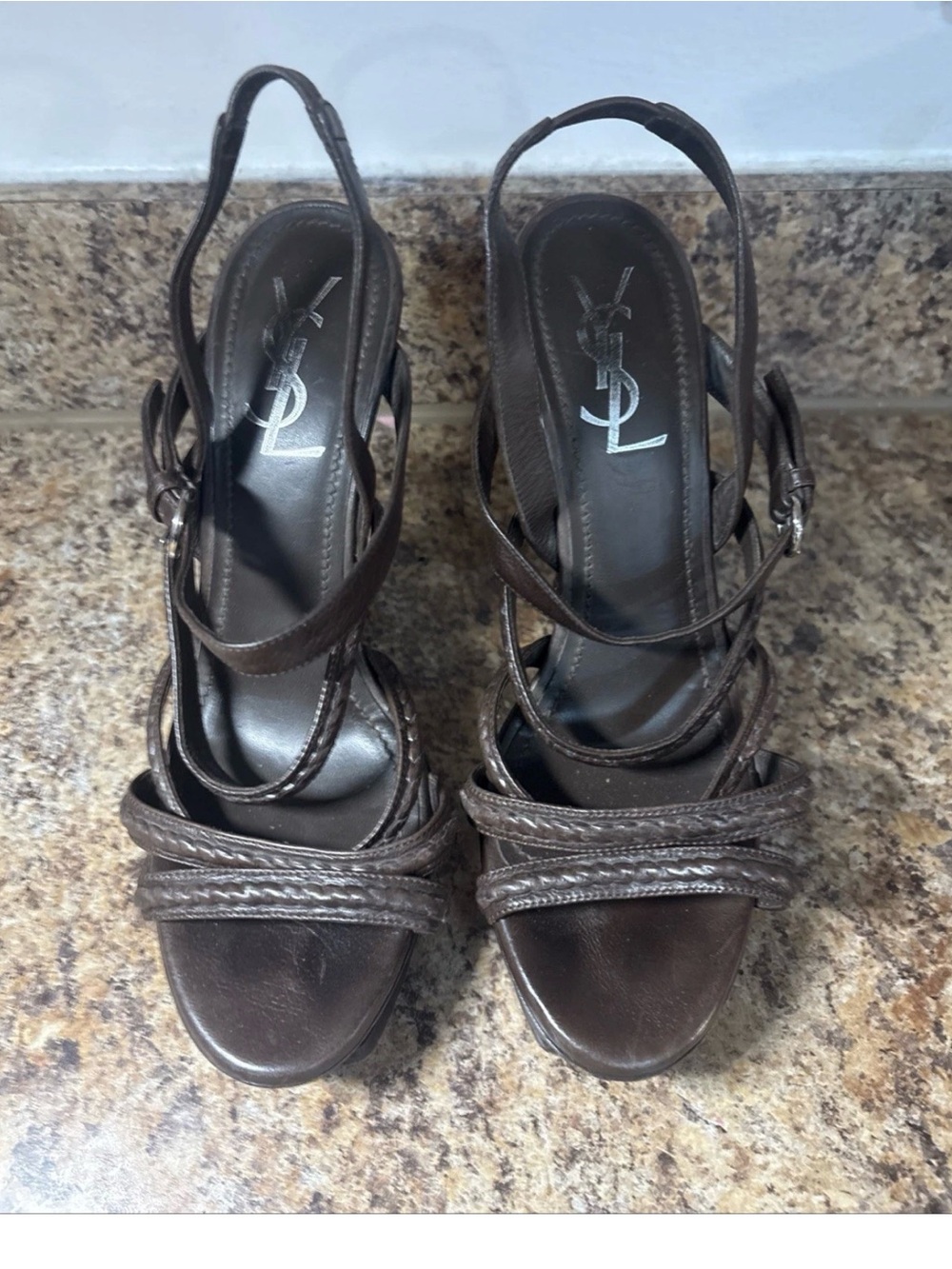 Yves Saint Laurent YSL Brown Leather Strappy Ankle Strap Heels Sandals Size 37.5
